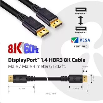 Club3D Kabel certifikovaný DisplayPort 1.4 HBR3, 8K60Hz (M/M), černé koncovky, 4m, 24 AWG Club3D Kabel certifikovaný DisplayPort 1.4 HBR3, 8K60Hz (M/M), černé koncovky, 4m, 24 AWG
