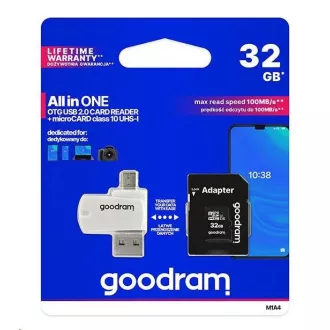GOODRAM microSDHC karta 32GB M1A4 All-in-one (R:100/W:10 MB/s), UHS-I Class 10, U1 + Adapter + OTG card reader/čtečka GOODRAM microSDHC karta 32GB M1A4 All-in-one (R:100/W:10 MB/s), UHS-I Class 10, U1 + Adapter + OTG card reader/čtečka