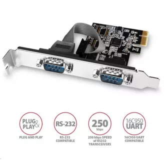 AXAGON PCEA-S2N, PCIe řadič - 2x sériový port (RS232) 250 kbps, vč. LP AXAGON PCEA-S2N, PCIe řadič - 2x sériový port (RS232) 250 kbps, vč. LP