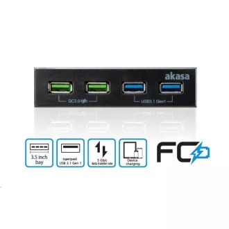 AKASA přední panel HUB 4 Port USB nabíjecí panel s dual Quick Charge 3.0 a dual USB 3.1 porty AKASA přední panel HUB 4 Port USB nabíjecí panel s dual Quick Charge 3.0 a dual USB 3.1 porty