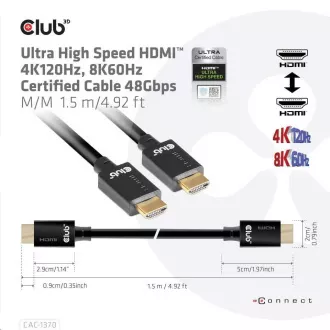 Club3D Adaptér HDMI 2.1 Ultra Rychlý HDMI™ Certifikovaný 4K120Hz, 8K60Hz, 48Gbps (M/M 1.5 m/4.92 ft), 28 AWG Club3D Adaptér HDMI 2.1 Ultra Rychlý HDMI™ Certifikovaný 4K120Hz, 8K60Hz, 48Gbps (M/M 1.5 m/4.92 ft), 28 AWG