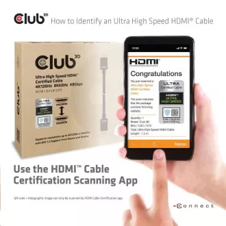 Club3D Adaptér HDMI 2.1 Ultra Rychlý HDMI™ Certifikovaný 4K120Hz, 8K60Hz, 48Gbps (M/M 1.5 m/4.92 ft), 28 AWG Club3D Adaptér HDMI 2.1 Ultra Rychlý HDMI™ Certifikovaný 4K120Hz, 8K60Hz, 48Gbps (M/M 1.5 m/4.92 ft), 28 AWG