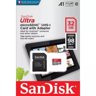 SanDisk MicroSDHC karta 32GB Ultra (120MB/s, A1 Class 10 UHS-I, Android - Tablet Packaging, Memory Zone App) + adaptér SanDisk MicroSDHC karta 32GB Ultra (120MB/s, A1 Class 10 UHS-I, Android - Tablet Packaging, Memory Zone App) + adaptér