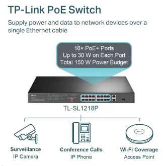 TP-Link CCTV switch TL-SL1218P (16x100Mb/s, 1xGbE uplink, 1xGbE/1xSFP combo uplink, 16xPoE+, 150W) TP-Link CCTV switch TL-SL1218P (16x100Mb/s, 1xGbE uplink, 1xGbE/1xSFP combo uplink, 16xPoE+, 150W)
