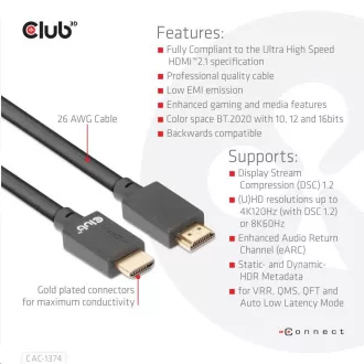 Club3D Kabel Ultra Rychlý HDMI™, 4K120Hz, 8K60Hz Cable 48Gbps (M/M), 28AWG, 4m Club3D Kabel Ultra Rychlý HDMI™, 4K120Hz, 8K60Hz Cable 48Gbps (M/M), 28AWG, 4m