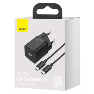 Baseus Super Si rychlonabíječka 1C 25W EU + kabel Type-C/Type-C 3A 1m černá Baseus Super Si rychlonabíječka 1C 25W EU + kabel Type-C/Type-C 3A 1m černá