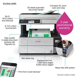 EPSON tiskárna ink EcoTank L6460, 3v1, A4, 1200x4800dpi, 37ppm, USB, Duplex, Záruka 5 let po registraci zdarma
