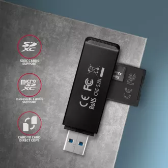 AXAGON CRE-S2N, USB-A 3.2 Gen 1 - SUPERSPEED čtečka karet, 2-slot & lun SD/microSD, podpora UHS-I AXAGON CRE-S2N, USB-A 3.2 Gen 1 - SUPERSPEED čtečka karet, 2-slot & lun SD/microSD, podpora UHS-I