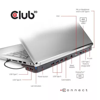 Club3D Dokovací stanice USB-C 14v1, 1xDP, 1xHDMI, 1xVGA, 2xUSB-C, 5xUSB, čtečka SD karet, černá Club3D Dokovací stanice USB-C 14v1, 1xDP, 1xHDMI, 1xVGA, 2xUSB-C, 5xUSB, čtečka SD karet, černá