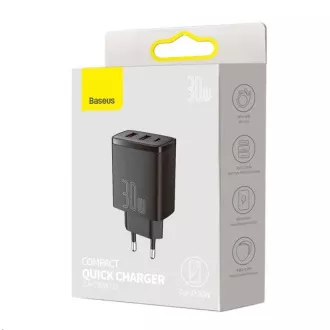 Baseus kompaktní rychlonabíjecí adaptér 2x USB-A, 1x Type-C 30W černá Baseus kompaktní rychlonabíjecí adaptér 2x USB-A, 1x Type-C 30W černá