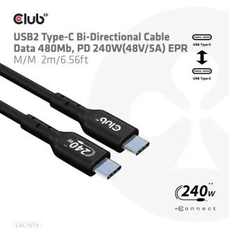 Club3D kabel USB-C, Oboustranný USB-IF Certifikovaný data kabel, Data 480Mb, PD 240W(48V/5A) EPR M/M 2m Club3D kabel USB-C, Oboustranný USB-IF Certifikovaný data kabel, Data 480Mb, PD 240W(48V/5A) EPR M/M 2m