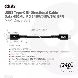 Club3D kabel USB-C, Oboustranný USB-IF Certifikovaný data kabel, Data 480Mb, PD 240W(48V/5A) EPR M/M 2m Club3D kabel USB-C, Oboustranný USB-IF Certifikovaný data kabel, Data 480Mb, PD 240W(48V/5A) EPR M/M 2m