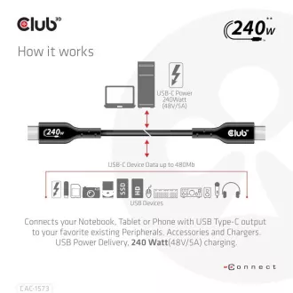 Club3D kabel USB-C, Oboustranný USB-IF Certifikovaný data kabel, Data 480Mb, PD 240W(48V/5A) EPR M/M 2m Club3D kabel USB-C, Oboustranný USB-IF Certifikovaný data kabel, Data 480Mb, PD 240W(48V/5A) EPR M/M 2m