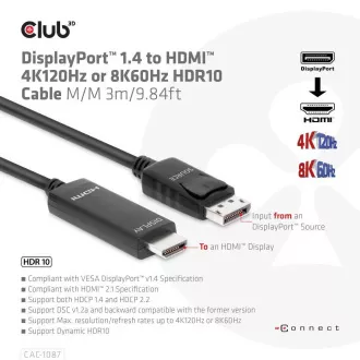 Club3D kabel DP 1.4 na HDMI, 4K120Hz nebo 8K60Hz HDR10, M/M, 3m Club3D kabel DP 1.4 na HDMI, 4K120Hz nebo 8K60Hz HDR10, M/M, 3m