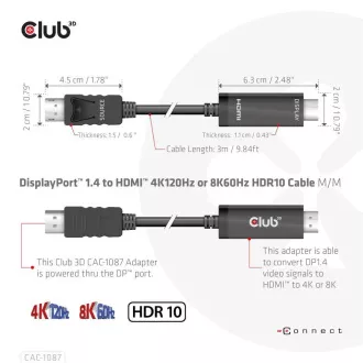 Club3D kabel DP 1.4 na HDMI, 4K120Hz nebo 8K60Hz HDR10, M/M, 3m Club3D kabel DP 1.4 na HDMI, 4K120Hz nebo 8K60Hz HDR10, M/M, 3m