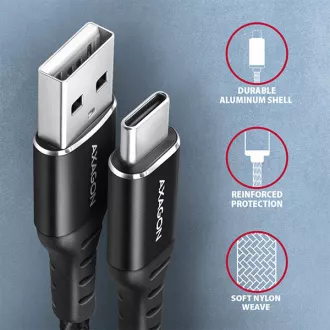 AXAGON BUCM-AM20AB, HQ kabel USB-C <-> USB-A, 2m, USB 2.0, 3A, ALU, oplet, černý AXAGON BUCM-AM20AB, HQ kabel USB-C <-> USB-A, 2m, USB 2.0, 3A, ALU, oplet, černý