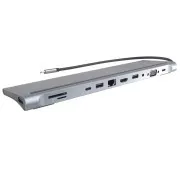 PREMIUMCORD Dokovací stanice USB-C 10v1, 1xHDMI, 1xVGA, 2xUSB-C, 3xUSB, 1xRJ45, čtečka SD karet, šedá