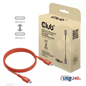 Club3D kabel USB-C, Oboustranný USB-IF Certifikovaný data kabel, PD 240W(48V/5A) EPR M/M 1m Club3D kabel USB-C, Oboustranný USB-IF Certifikovaný data kabel, PD 240W(48V/5A) EPR M/M 1m