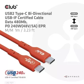 Club3D kabel USB-C, Oboustranný USB-IF Certifikovaný data kabel, PD 240W(48V/5A) EPR M/M 1m Club3D kabel USB-C, Oboustranný USB-IF Certifikovaný data kabel, PD 240W(48V/5A) EPR M/M 1m