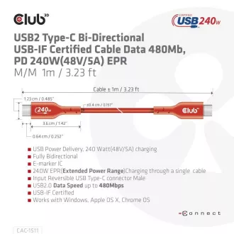 Club3D kabel USB-C, Oboustranný USB-IF Certifikovaný data kabel, PD 240W(48V/5A) EPR M/M 1m Club3D kabel USB-C, Oboustranný USB-IF Certifikovaný data kabel, PD 240W(48V/5A) EPR M/M 1m