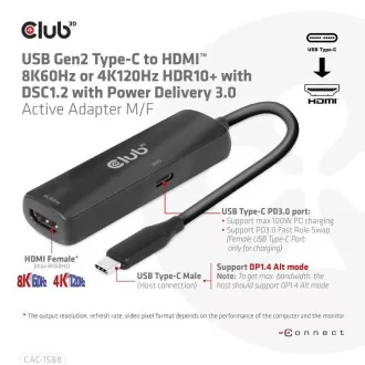 Club3D Adaptér USB-C na HDMI 8K60Hz/4K120Hz, Active Adapter M/F, PD 3.0, HDR10+ a DSC 1.2 Club3D Adaptér USB-C na HDMI 8K60Hz/4K120Hz, Active Adapter M/F, PD 3.0, HDR10+ a DSC 1.2