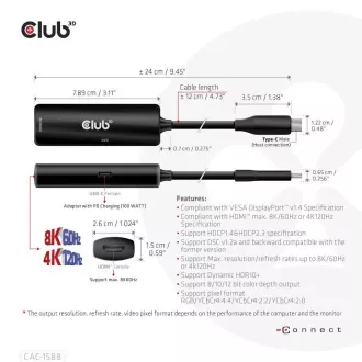 Club3D Adaptér USB-C na HDMI 8K60Hz/4K120Hz, Active Adapter M/F, PD 3.0, HDR10+ a DSC 1.2 Club3D Adaptér USB-C na HDMI 8K60Hz/4K120Hz, Active Adapter M/F, PD 3.0, HDR10+ a DSC 1.2