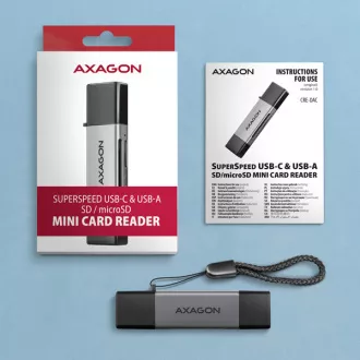 AXAGON CRE-DAC, USB-C + USB-A, 5 Gbps - MINI čtečka karet, 2-slot & lun SD/microSD, podpora UHS-I AXAGON CRE-DAC, USB-C + USB-A, 5 Gbps - MINI čtečka karet, 2-slot & lun SD/microSD, podpora UHS-I