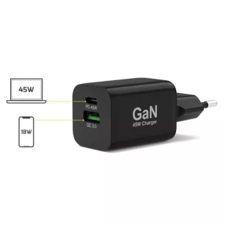 PORT síťová nabíječka pro USB-C a USB-A, 45 W, černá PORT síťová nabíječka pro USB-C a USB-A, 45 W, černá