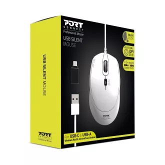PORT optická myš SILENT, USB-A/USB-C, 3600 DPI, bílá PORT optická myš SILENT, USB-A/USB-C, 3600 DPI, bílá