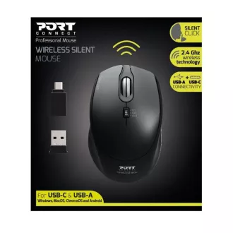 PORT bezdrátová myš SILENT, USB-A/USB-C dongle, 2, 4Ghz, 1600DPI, černá PORT bezdrátová myš SILENT, USB-A/USB-C dongle, 2, 4Ghz, 1600DPI, černá