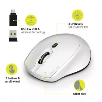 PORT bezdrátová myš SILENT, USB-A/USB-C dongle, 2, 4Ghz, 1600DPI, bílá PORT bezdrátová myš SILENT, USB-A/USB-C dongle, 2, 4Ghz, 1600DPI, bílá
