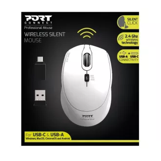 PORT bezdrátová myš SILENT, USB-A/USB-C dongle, 2, 4Ghz, 1600DPI, bílá PORT bezdrátová myš SILENT, USB-A/USB-C dongle, 2, 4Ghz, 1600DPI, bílá