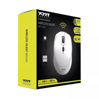 PORT bezdrátová myš SILENT, USB-A/USB-C dongle, 2, 4Ghz, 1600DPI, bílá PORT bezdrátová myš SILENT, USB-A/USB-C dongle, 2, 4Ghz, 1600DPI, bílá