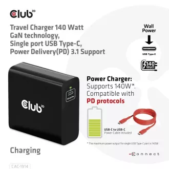 Club3D cestovní nabíječka USB-C 140W GaN Technologie, 1xUSB-C, podpora PD 3.1 Club3D cestovní nabíječka USB-C 140W GaN Technologie, 1xUSB-C, podpora PD 3.1