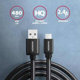 AXAGON BUMM-AM20AB, HQ kabel Micro USB <-> USB-A, 2m, USB 2.0, 2.4A, ALU, oplet, černý AXAGON BUMM-AM20AB, HQ kabel Micro USB <-> USB-A, 2m, USB 2.0, 2.4A, ALU, oplet, černý