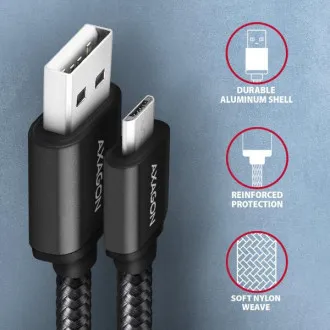 AXAGON BUMM-AM20AB, HQ kabel Micro USB <-> USB-A, 2m, USB 2.0, 2.4A, ALU, oplet, černý AXAGON BUMM-AM20AB, HQ kabel Micro USB <-> USB-A, 2m, USB 2.0, 2.4A, ALU, oplet, černý