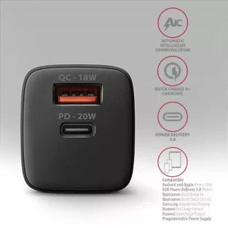 AXAGON ACU-PQ20, nabíječka do sítě 20W, 2x port (USB-A + USB-C), PD3.0/PPS/QC4+/AFC/Apple, černá AXAGON ACU-PQ20, nabíječka do sítě 20W, 2x port (USB-A + USB-C), PD3.0/PPS/QC4+/AFC/Apple, černá