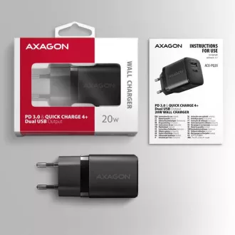 AXAGON ACU-PQ20, nabíječka do sítě 20W, 2x port (USB-A + USB-C), PD3.0/PPS/QC4+/AFC/Apple, černá AXAGON ACU-PQ20, nabíječka do sítě 20W, 2x port (USB-A + USB-C), PD3.0/PPS/QC4+/AFC/Apple, černá