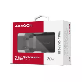 AXAGON ACU-PQ20, nabíječka do sítě 20W, 2x port (USB-A + USB-C), PD3.0/PPS/QC4+/AFC/Apple, černá AXAGON ACU-PQ20, nabíječka do sítě 20W, 2x port (USB-A + USB-C), PD3.0/PPS/QC4+/AFC/Apple, černá