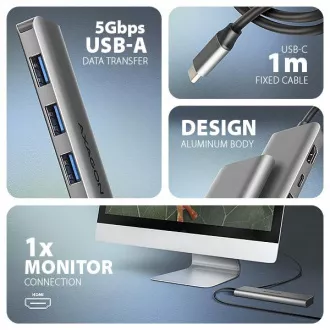 AXAGON HMC-5H, USB 5Gbps hub, 3x USB-A, HDMI 4k/30Hz, PD 100W, kabel USB-C 100cm AXAGON HMC-5H, USB 5Gbps hub, 3x USB-A, HDMI 4k/30Hz, PD 100W, kabel USB-C 100cm