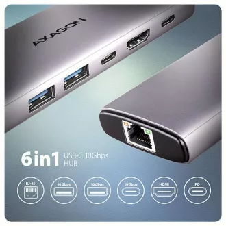 AXAGON HMC-6G2L, USB 10Gb/s hub, 2x USB-A, 1x USB-C, HDMI 4k/60, RJ-45, PD 100W, kabel USB-C 15cm AXAGON HMC-6G2L, USB 10Gb/s hub, 2x USB-A, 1x USB-C, HDMI 4k/60, RJ-45, PD 100W, kabel USB-C 15cm