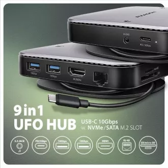 AXAGON HMC-UFO, USB 10Gbps hub, 2x USB-A, USB-C, HDMI 4k/60, RJ-45, M.2 slot, SD/mSD, audio, PD 100W, kabel USB-C 65cm AXAGON HMC-UFO, USB 10Gbps hub, 2x USB-A, USB-C, HDMI 4k/60, RJ-45, M.2 slot, SD/mSD, audio, PD 100W, kabel USB-C 65cm
