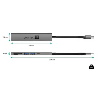 CONNECT IT USB-C hub, 2x USB-A, 1x USB-C, 1x SD karta, 1x MicroSD karta, šedá CONNECT IT USB-C hub, 2x USB-A, 1x USB-C, 1x SD karta, 1x MicroSD karta, šedá