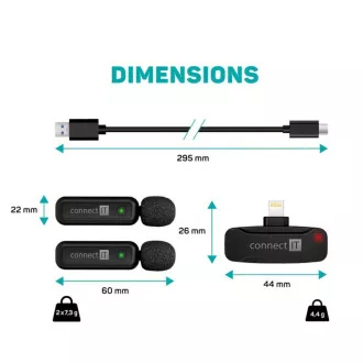 CONNECT IT Mikrofon ClipMic, 2x Bezdrátový Lavalier mikrofón s přijímačem, Lightning konektor, černá CONNECT IT Mikrofon ClipMic, 2x Bezdrátový Lavalier mikrofón s přijímačem, Lightning konektor, černá
