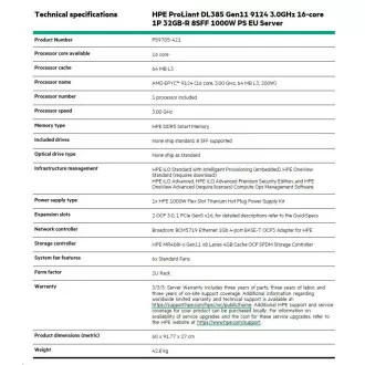 HPE PL DL385g11 AMD Epyc 9124 (3.0G/16C) 1x32G (P50310) MR408i-o/4G 8SFF 1x1000W 4x1Gocp P59705 RENEW HPE PL DL385g11 AMD Epyc 9124 (3.0G/16C) 1x32G (P50310) MR408i-o/4G 8SFF 1x1000W 4x1Gocp P59705 RENEW