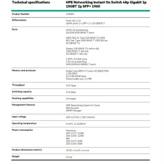 HPE Networking Instant On Switch 48p Gigabit 2p 10GBT 2p SFP+ 1960 (JL808A) HPE Networking Instant On Switch 48p Gigabit 2p 10GBT 2p SFP+ 1960 (JL808A)