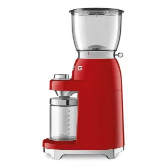 Smeg CGF11RDEU mlýnek na kávu, 150 W, nastavitelná hrubost, nerezový mlýnek, nádoba z tritanu, červený