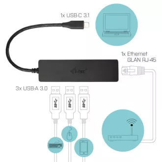 i-tec USB-C 3.1 Slim 3-portový HUB + RJ-45 i-tec USB-C 3.1 Slim 3-portový HUB + RJ-45