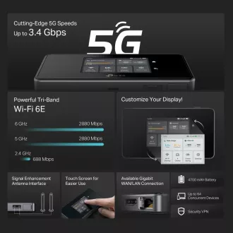 TP-Link M8550 přenosný WiFi6E router (AXE3600, 5G/4G LTE, 2, 4GHz/5GHz/6GHz, 1xGbE, 1xUSB-C, 1xnanoSIM, 1xmicroSD) TP-Link M8550 přenosný WiFi6E router (AXE3600, 5G/4G LTE, 2, 4GHz/5GHz/6GHz, 1xGbE, 1xUSB-C, 1xnanoSIM, 1xmicroSD)
