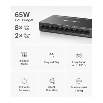 MERCUSYS switch MS110CP (8x100Mb/s, 2xGbE, 8xPoE+, 65W, fanless) MERCUSYS switch MS110CP (8x100Mb/s, 2xGbE, 8xPoE+, 65W, fanless)